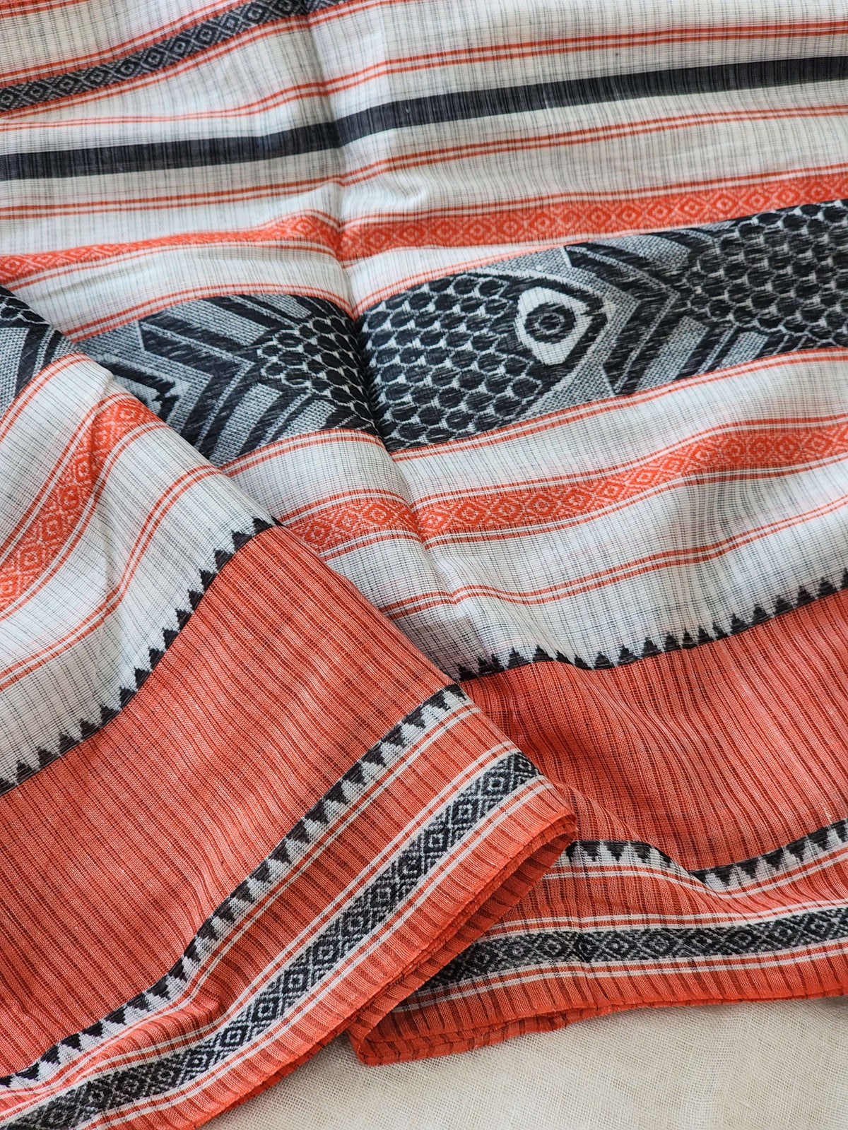 Orange & Black Dhonekhali Cotton Saree
