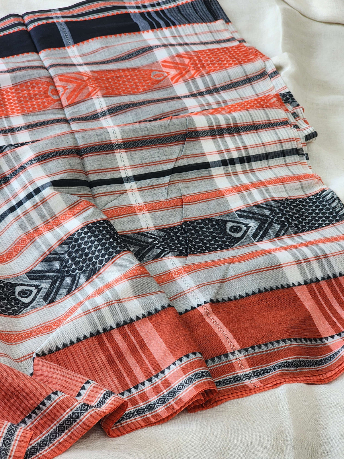 Orange & Black Dhonekhali Cotton Saree