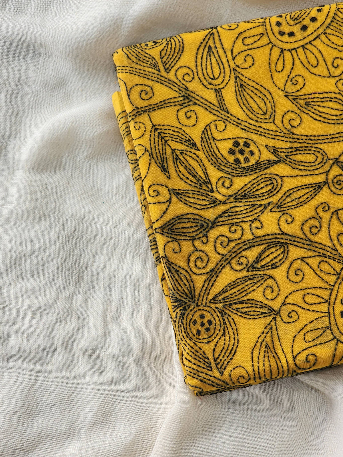 Mustard Kantha Cotton Saree