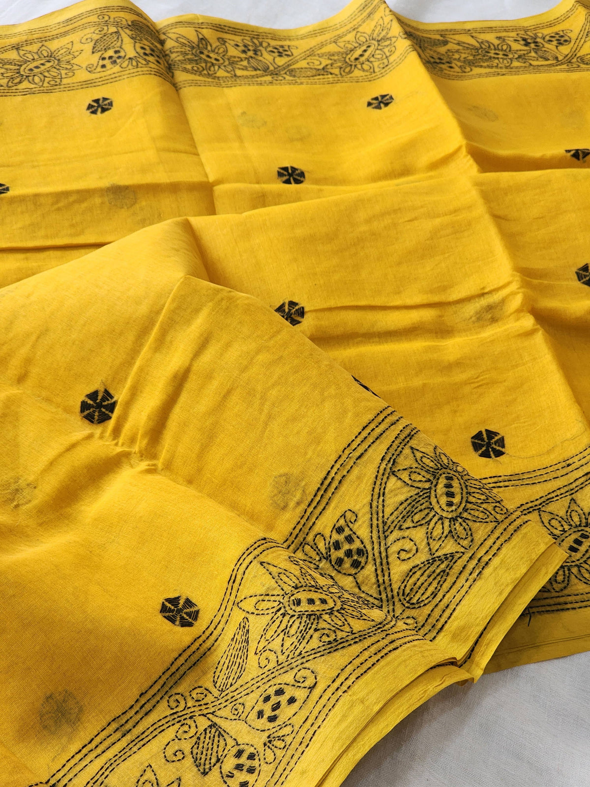 Mustard Kantha Cotton Saree