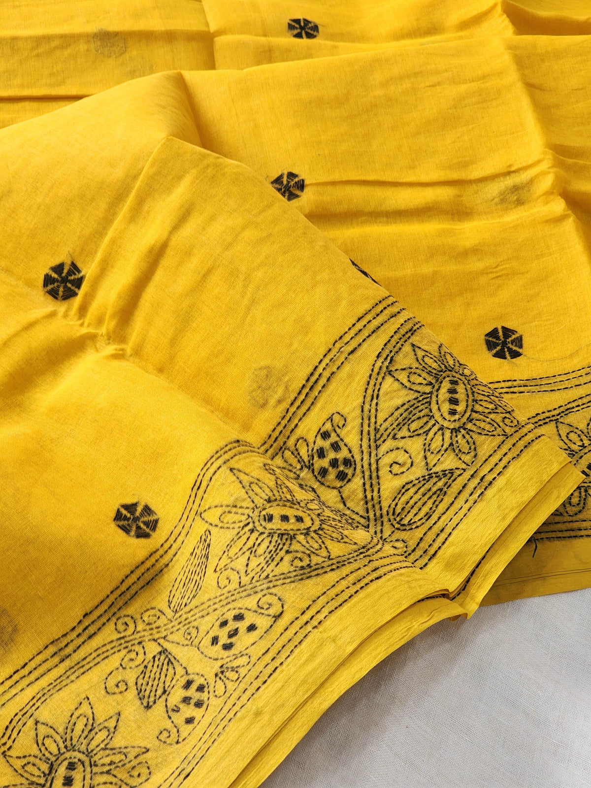 Mustard Kantha Cotton Saree