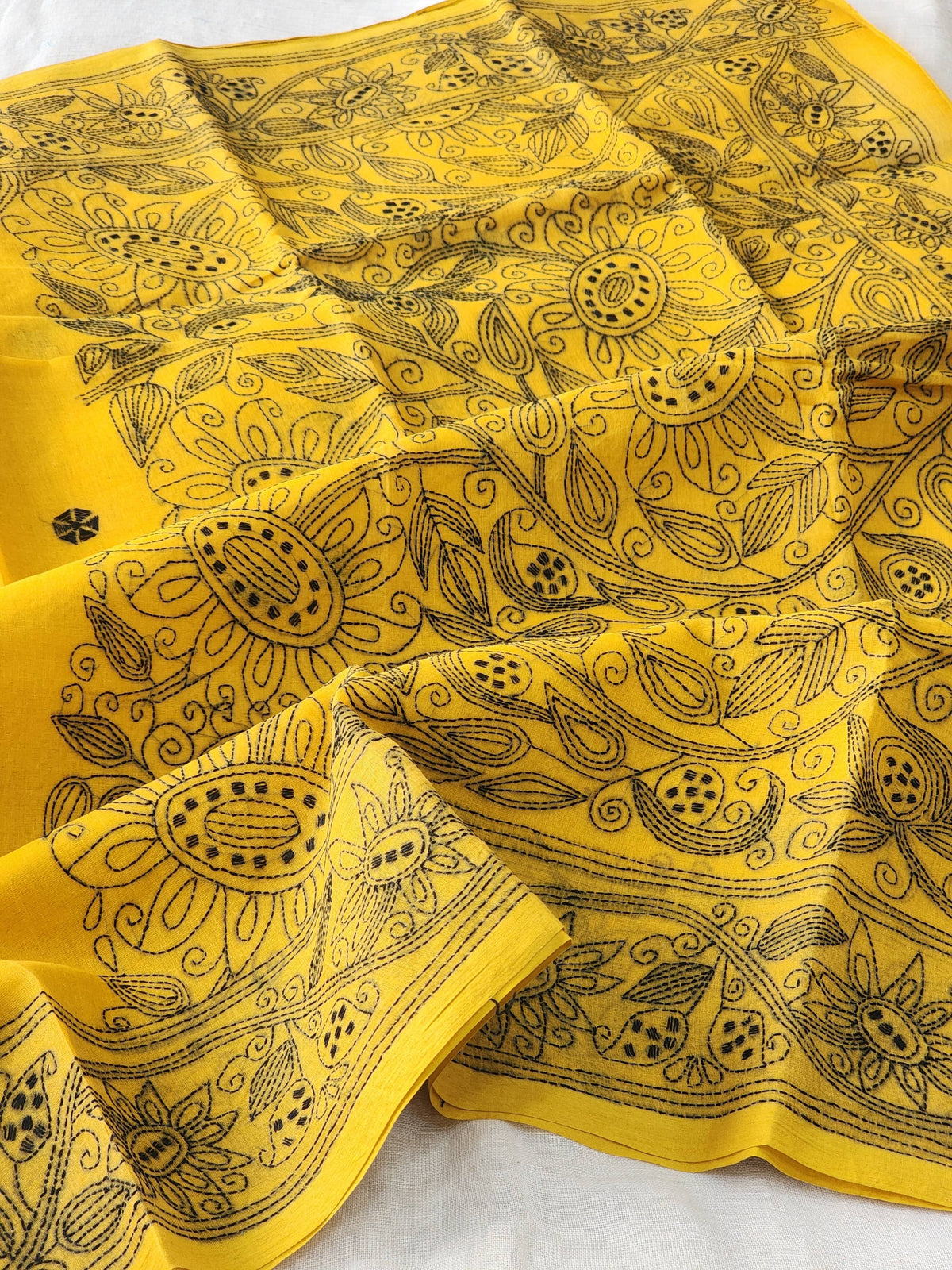 Mustard Kantha Cotton Saree