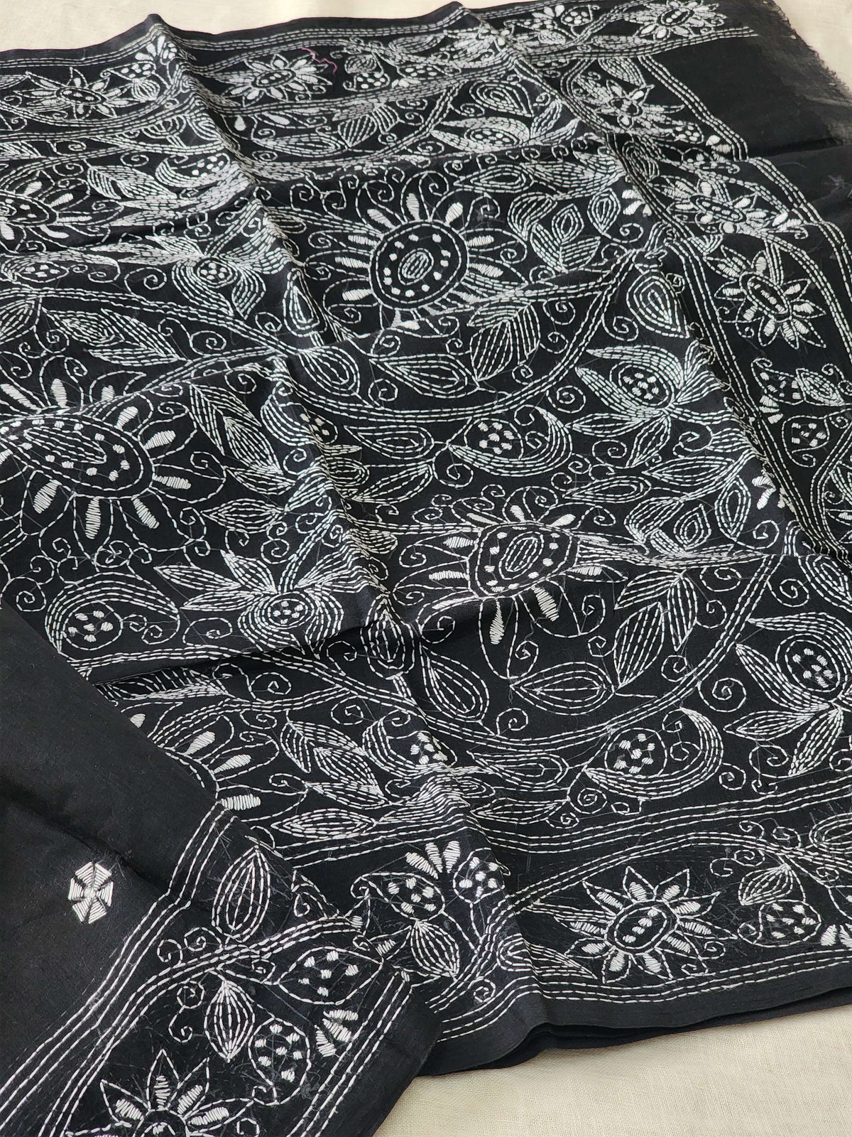 Black Kantha Cotton Saree