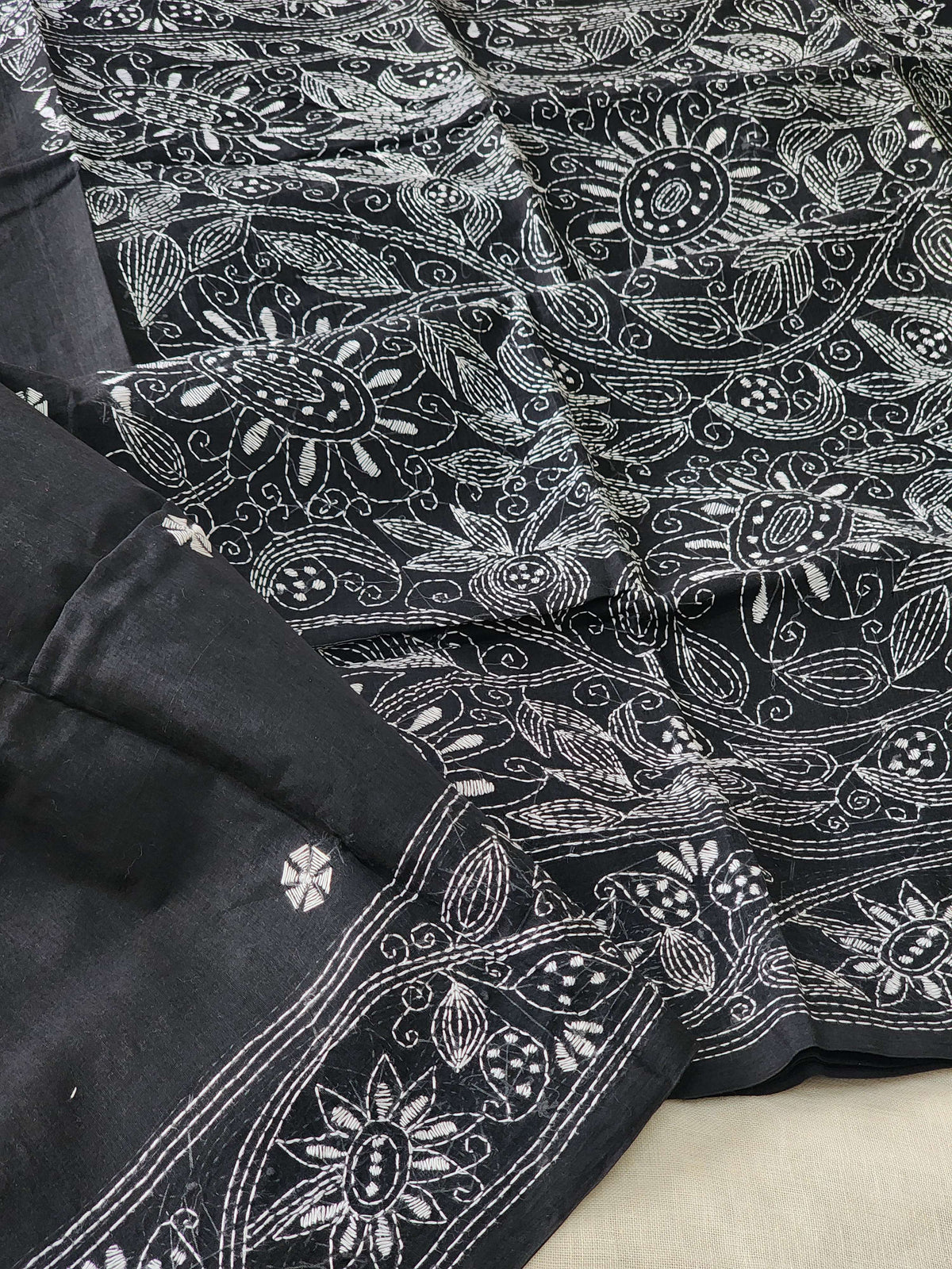 Black Kantha Cotton Saree