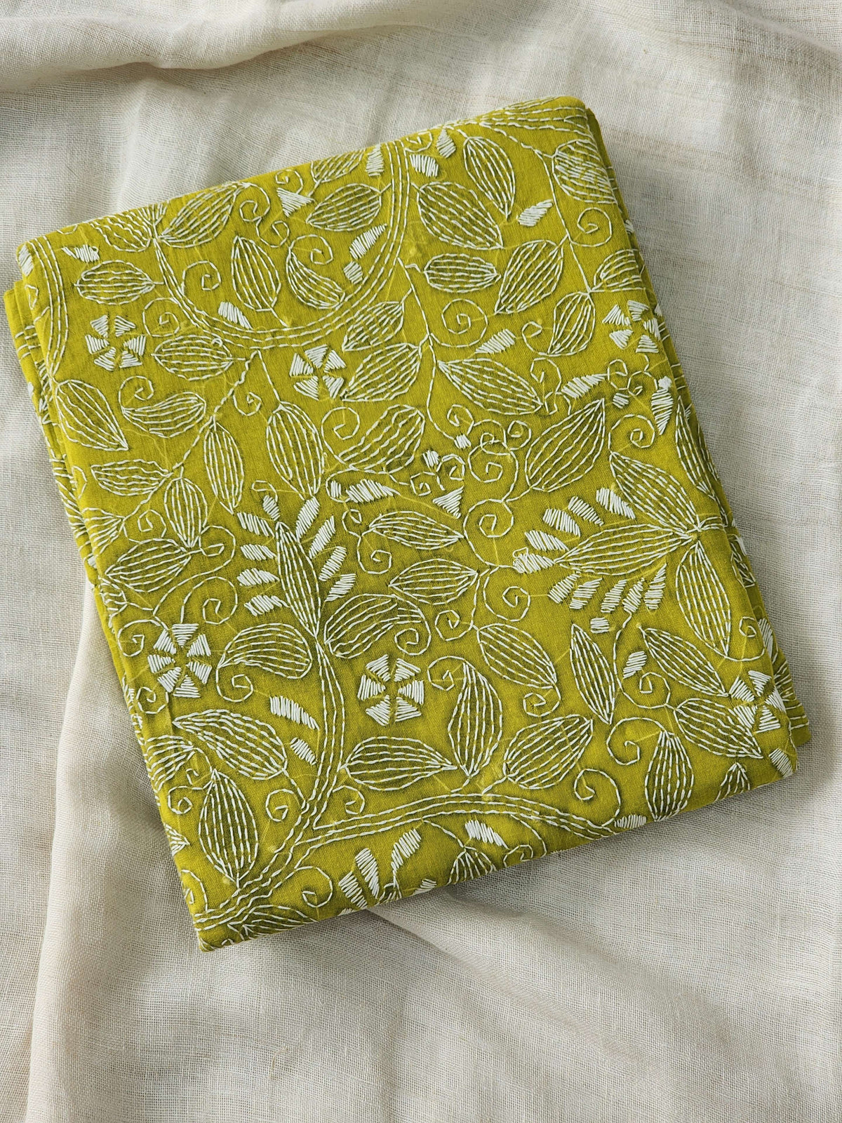 Lime Green Kantha Cotton Saree