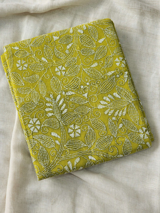 Lime Green Kantha Cotton Saree