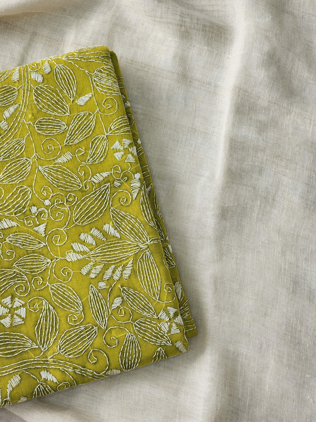 Lime Green Kantha Cotton Saree