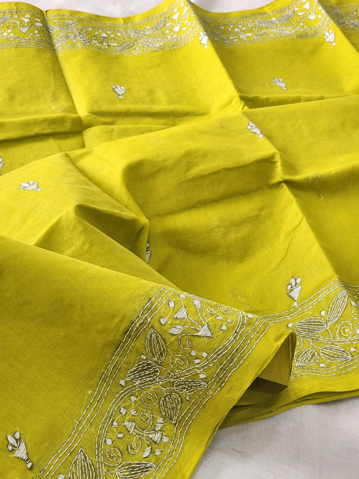 Lime Green Kantha Cotton Saree