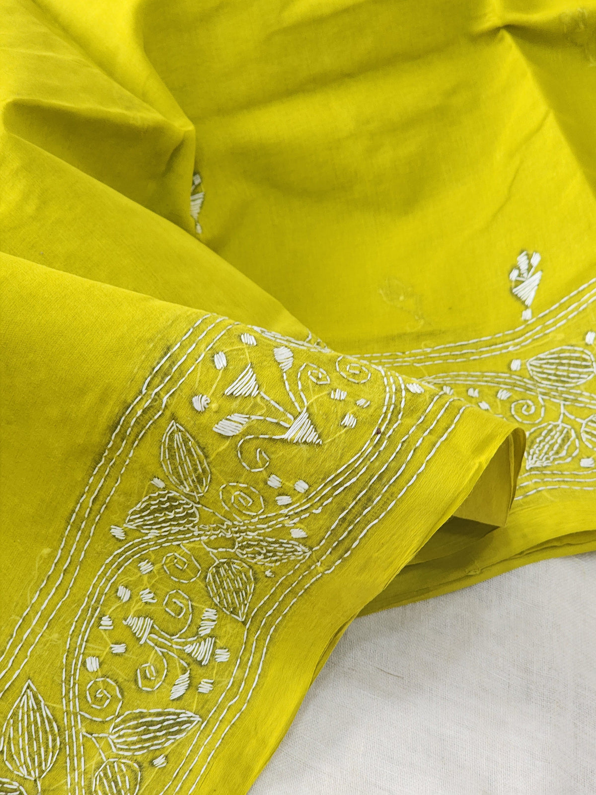 Lime Green Kantha Cotton Saree