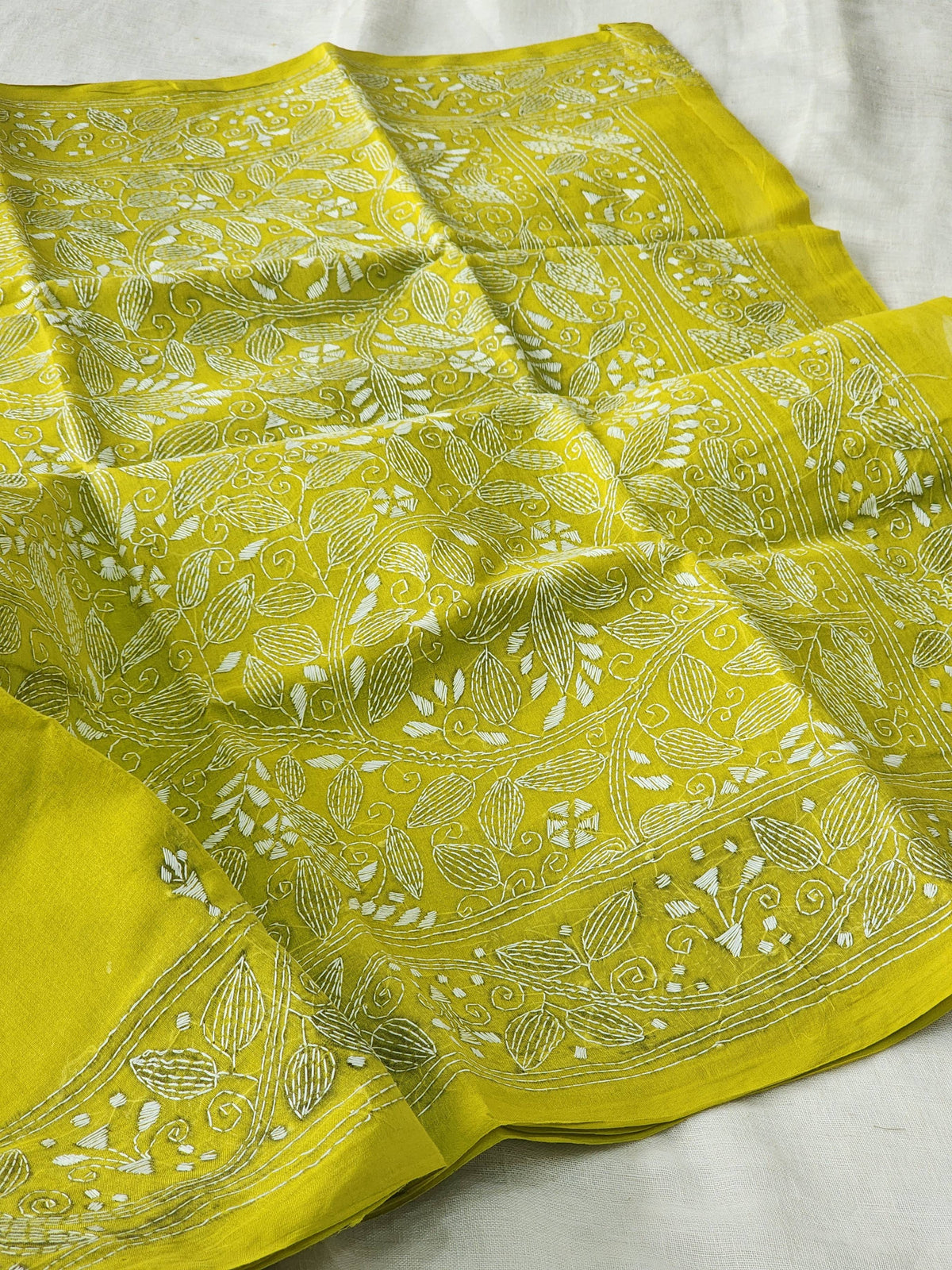 Lime Green Kantha Cotton Saree