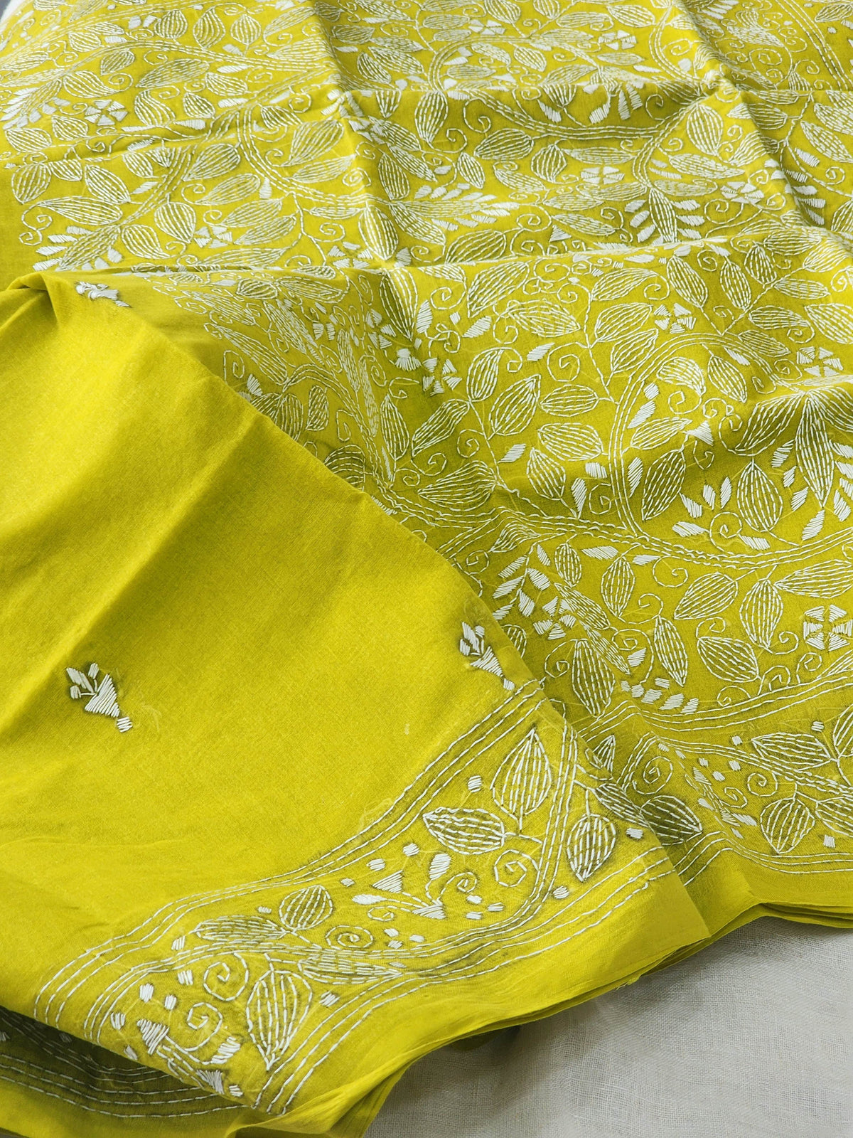 Lime Green Kantha Cotton Saree