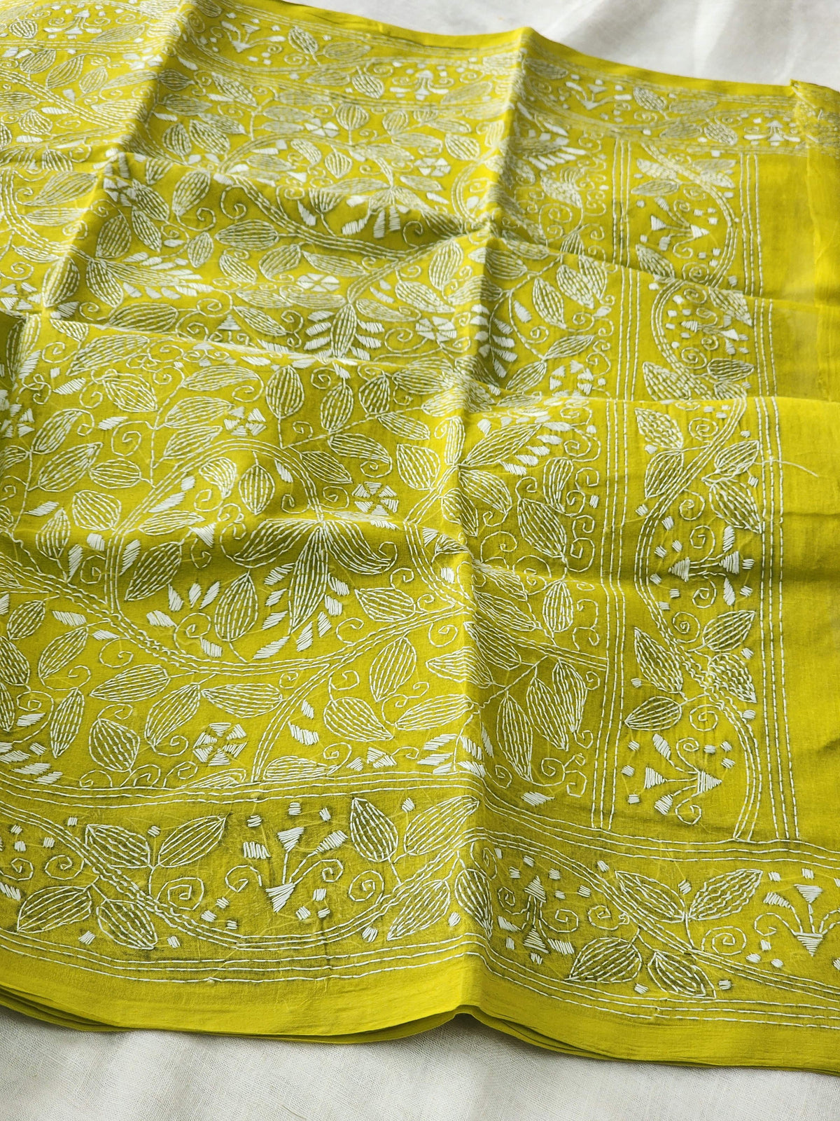 Lime Green Kantha Cotton Saree