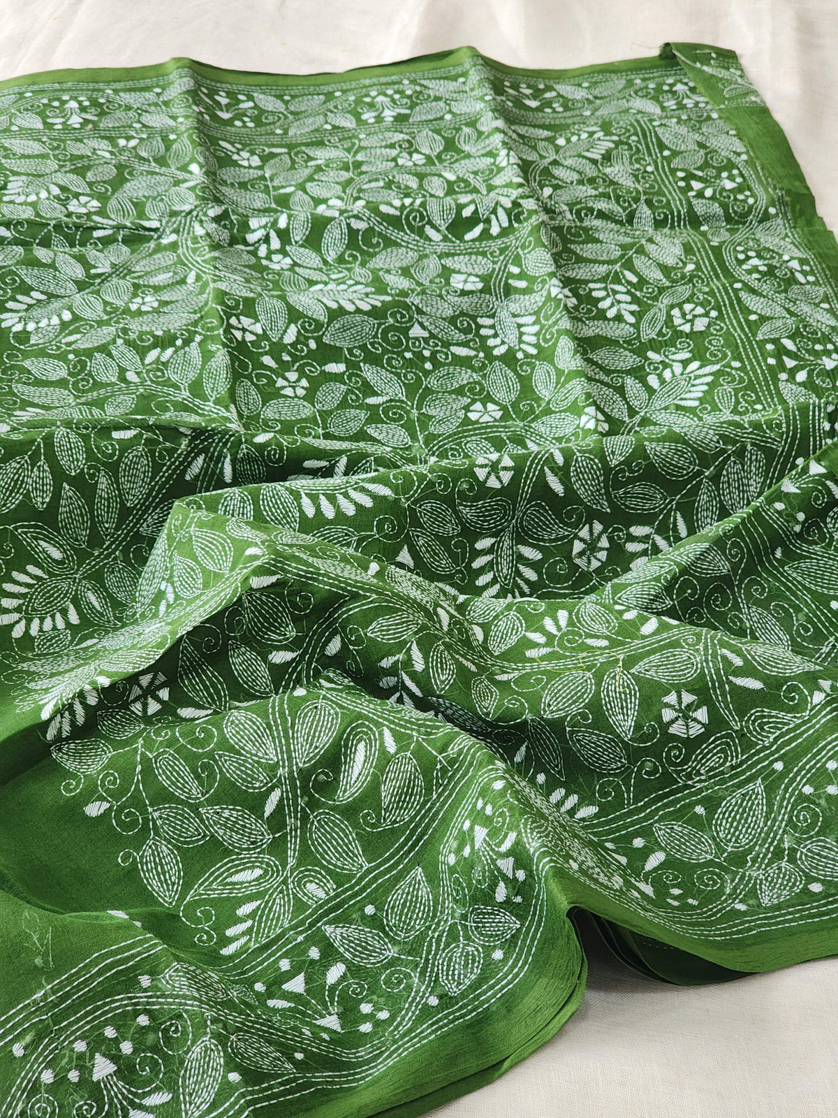 Dark Green Kantha Cotton Saree