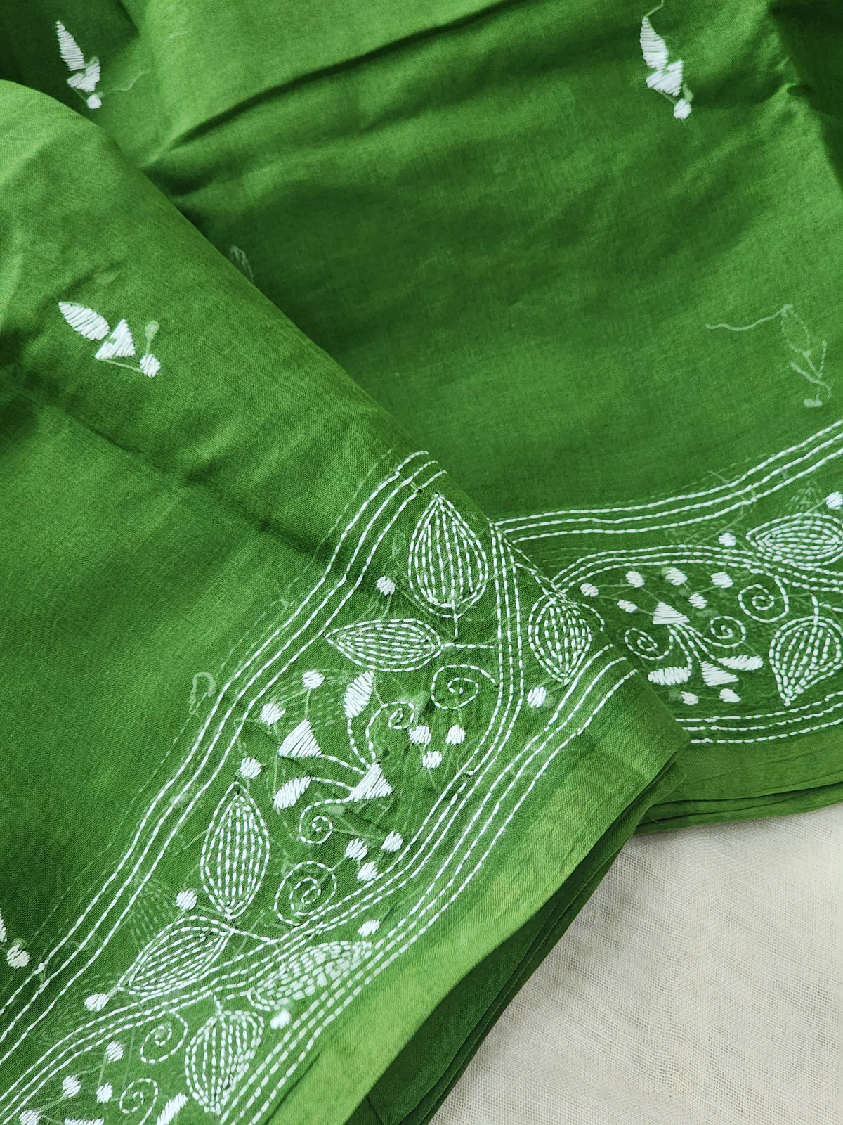 Dark Green Kantha Cotton Saree
