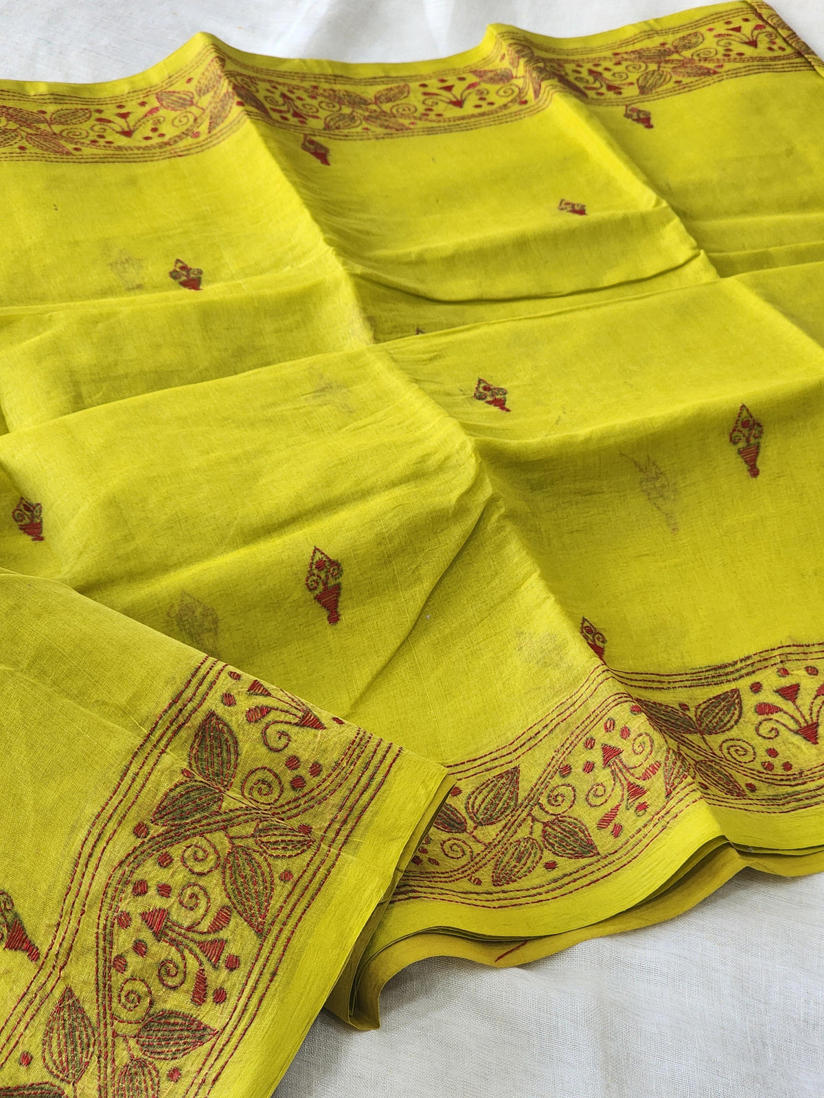 Yellow Kantha Cotton Saree