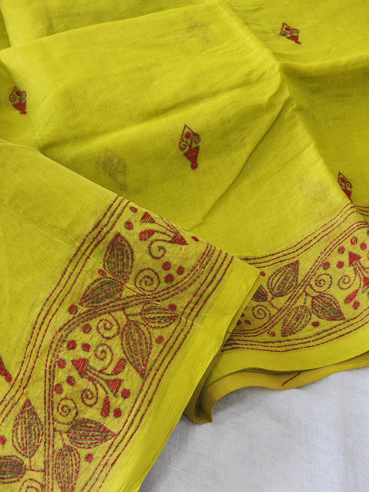 Yellow Kantha Cotton Saree