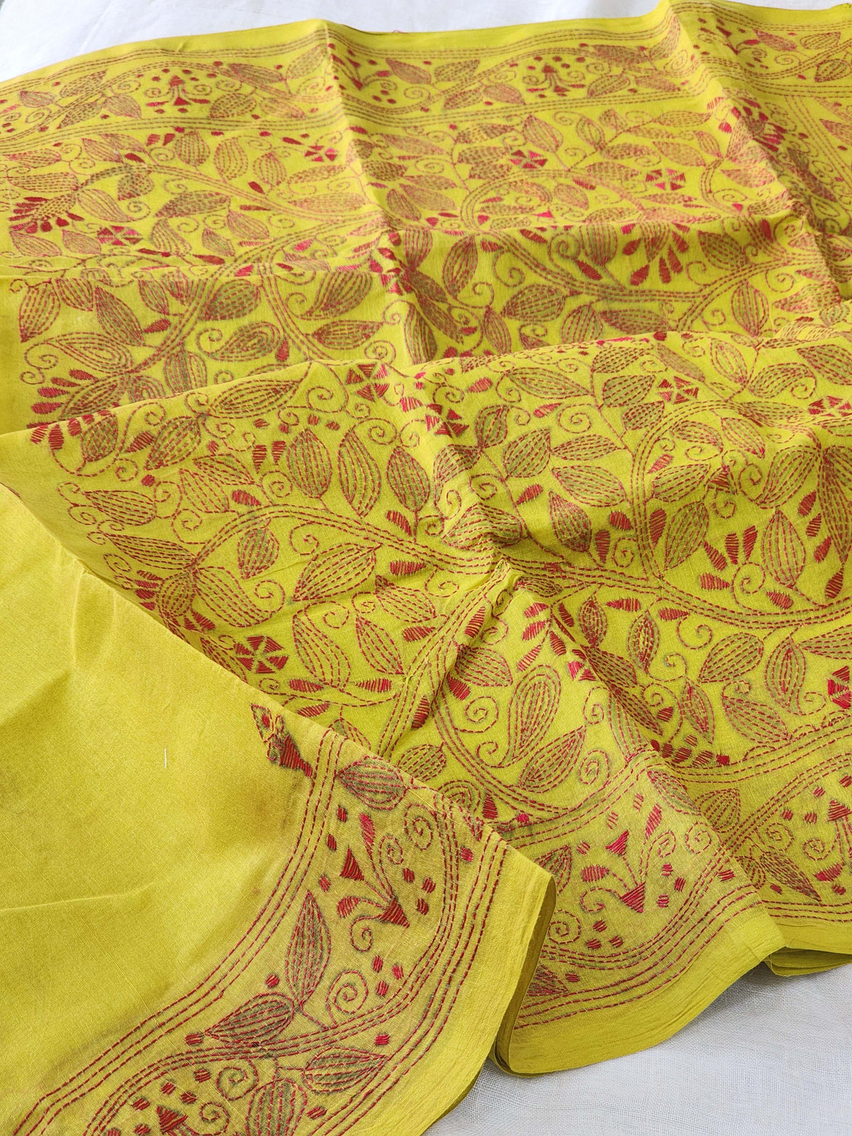 Yellow Kantha Cotton Saree
