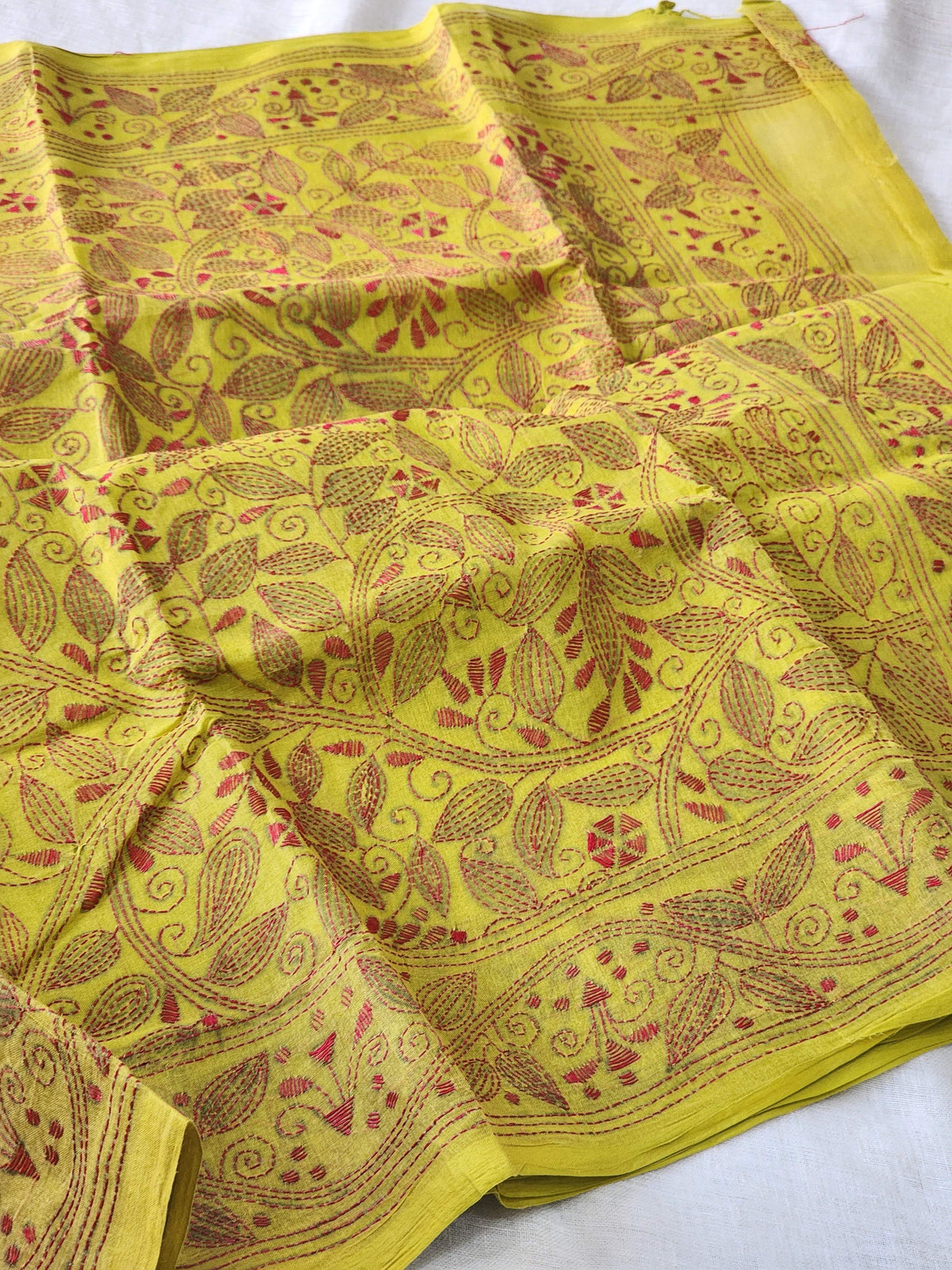Yellow Kantha Cotton Saree