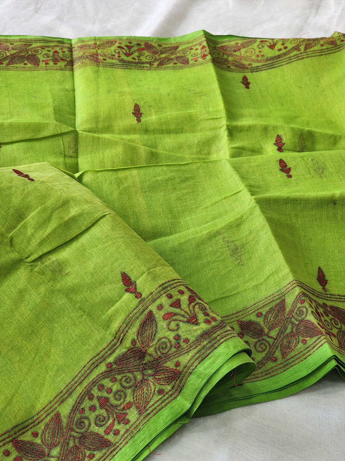Green Kantha Cotton Saree