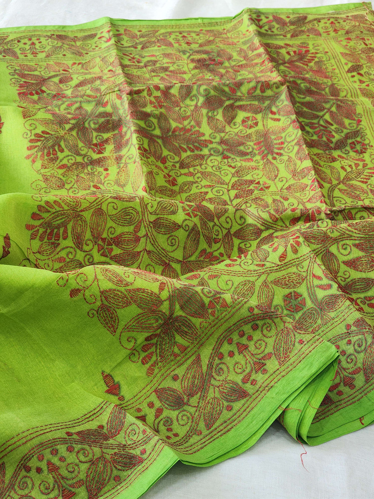 Green Kantha Cotton Saree