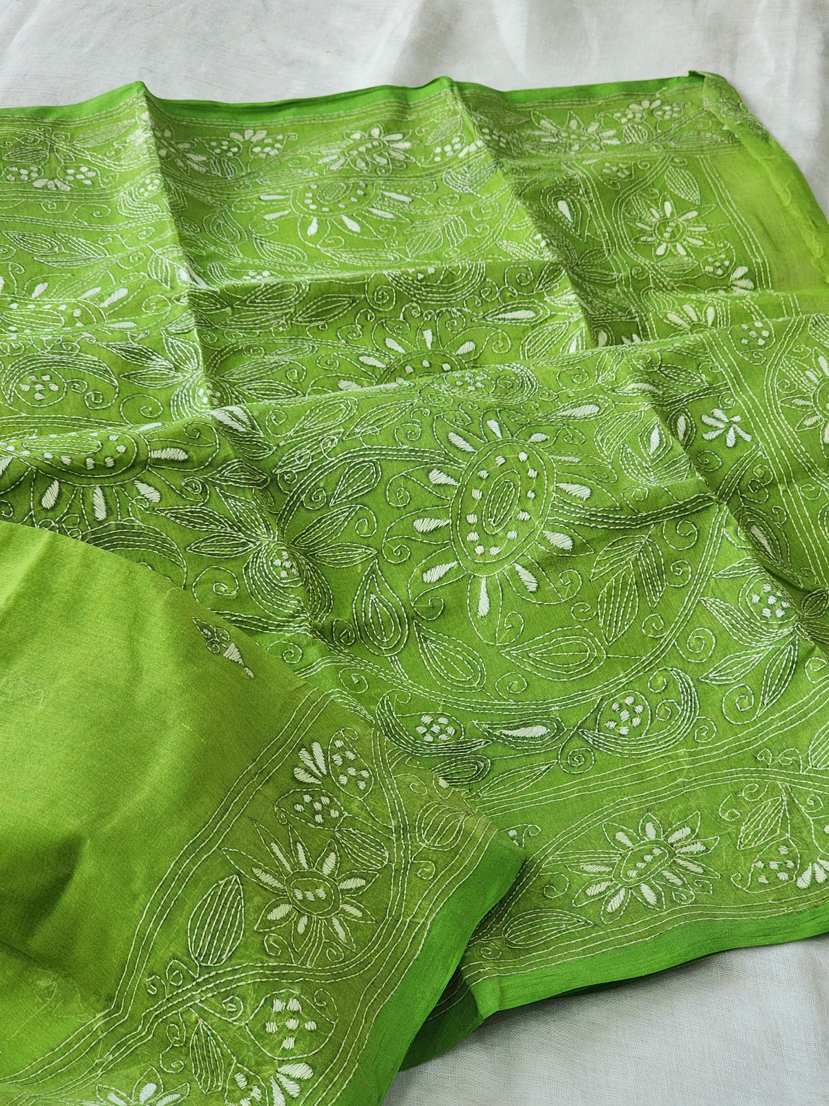 Green Kantha Cotton Saree