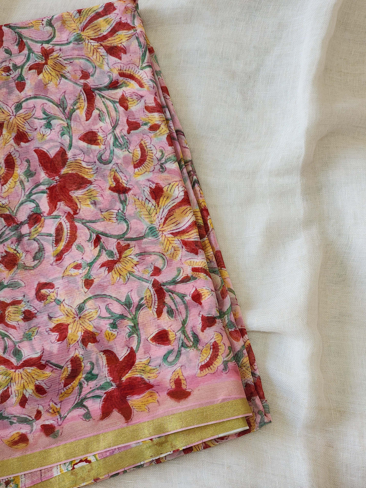 Pink Chiffon Handblock Saree