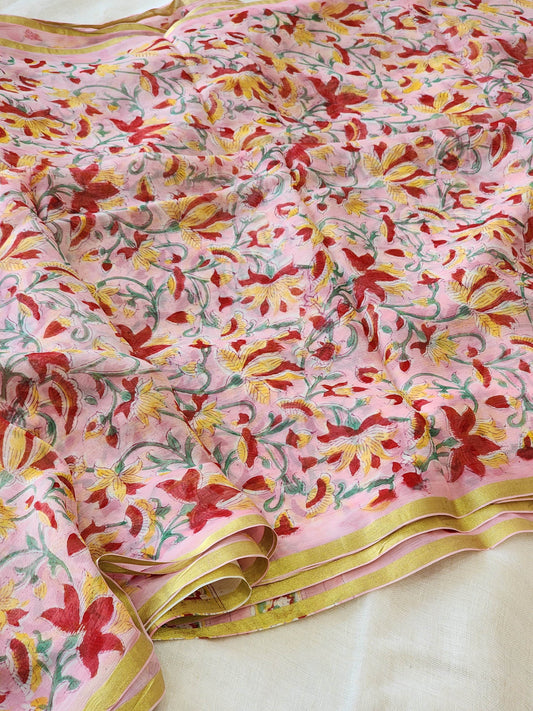 Pink Chiffon Handblock Saree