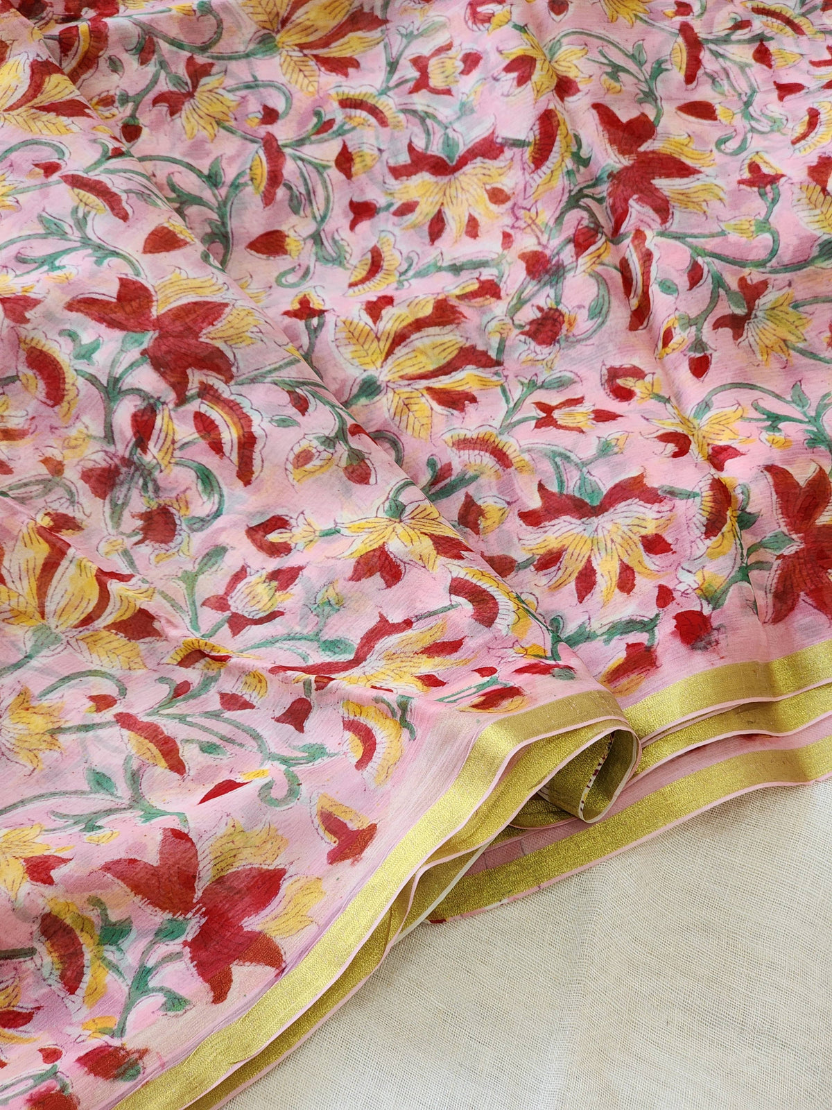Pink Chiffon Handblock Saree