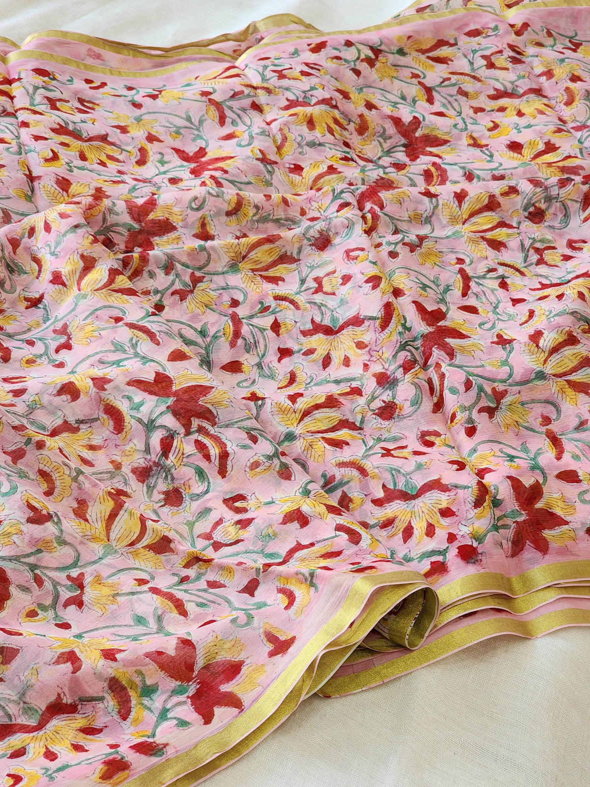 Pink Chiffon Handblock Saree