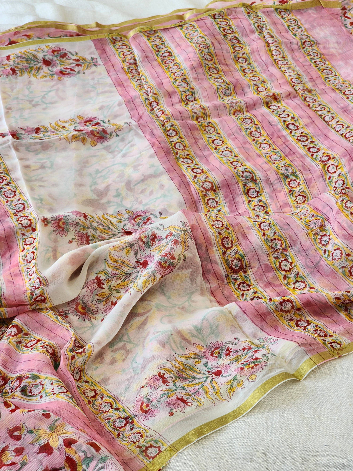 Pink Chiffon Handblock Saree