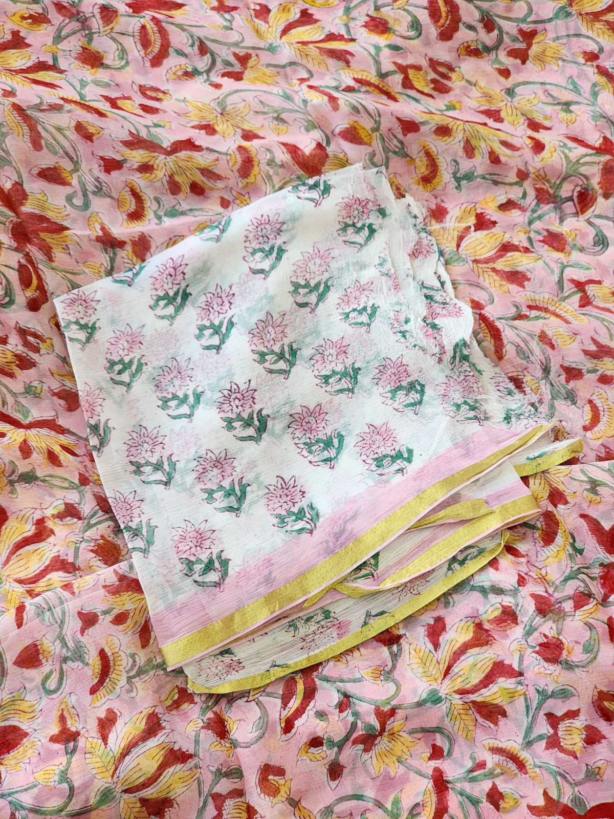Pink Chiffon Handblock Saree