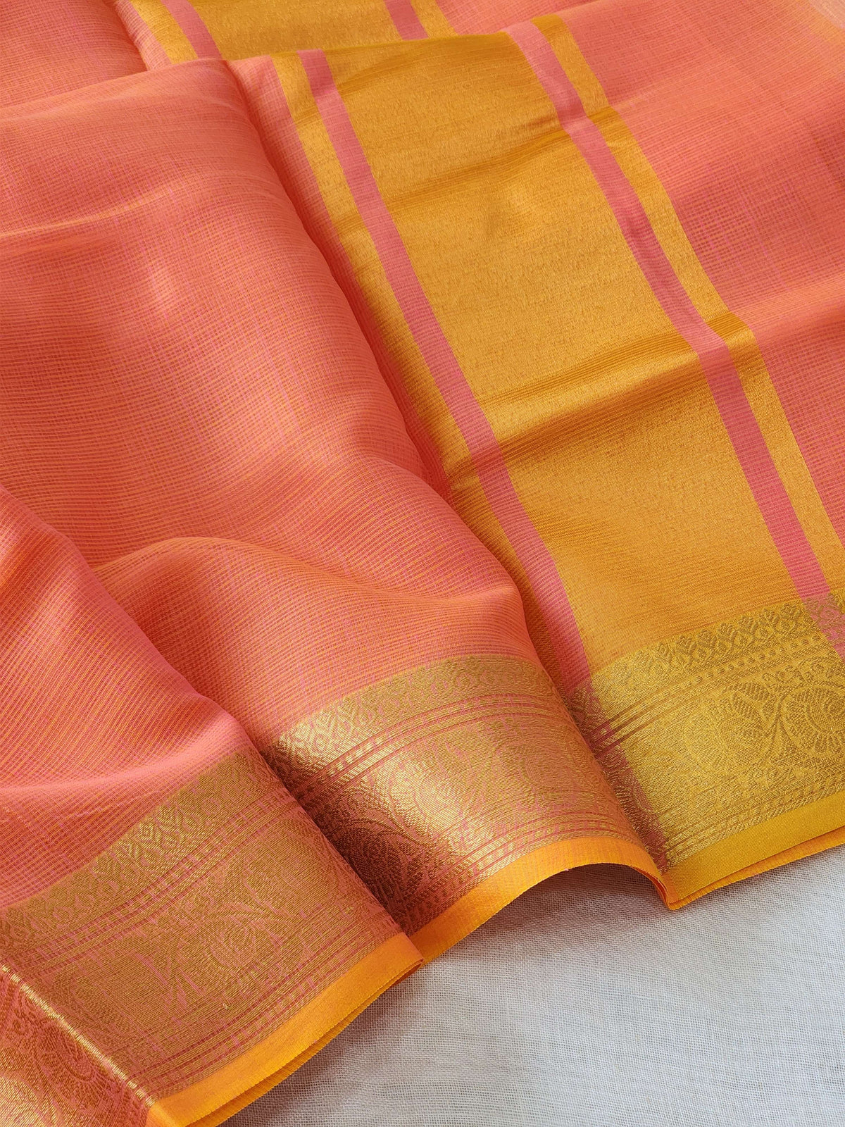 Peach Orange Kota Silk Saree