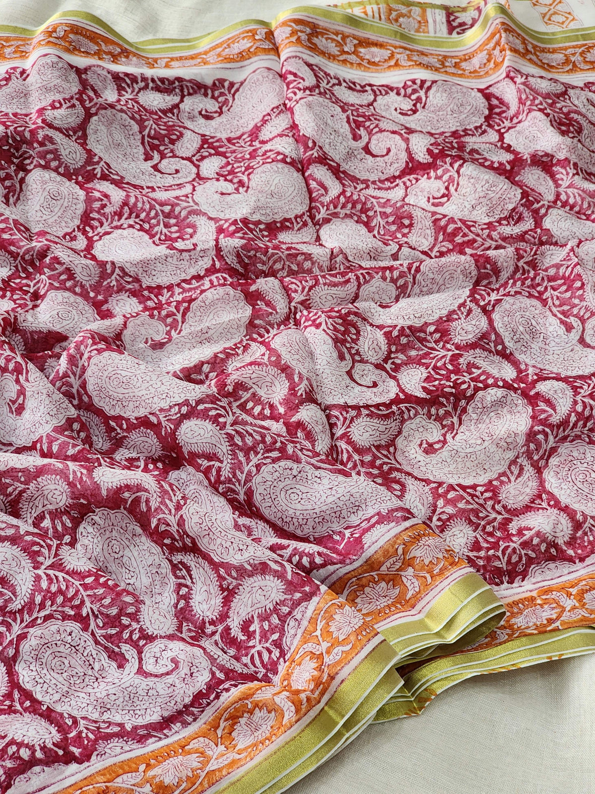 Pink Chiffon Handblock Saree