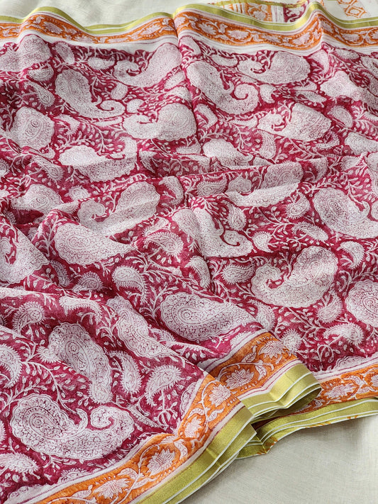 Pink Chiffon Handblock Saree