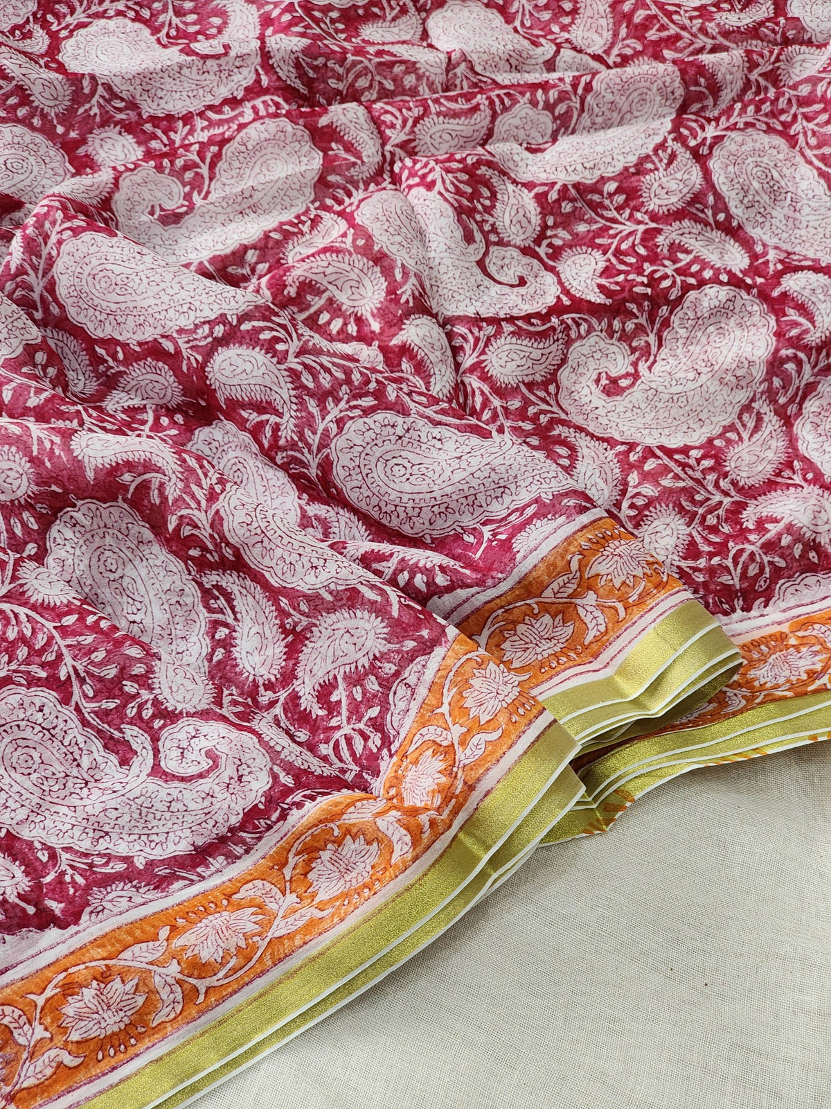Pink Chiffon Handblock Saree