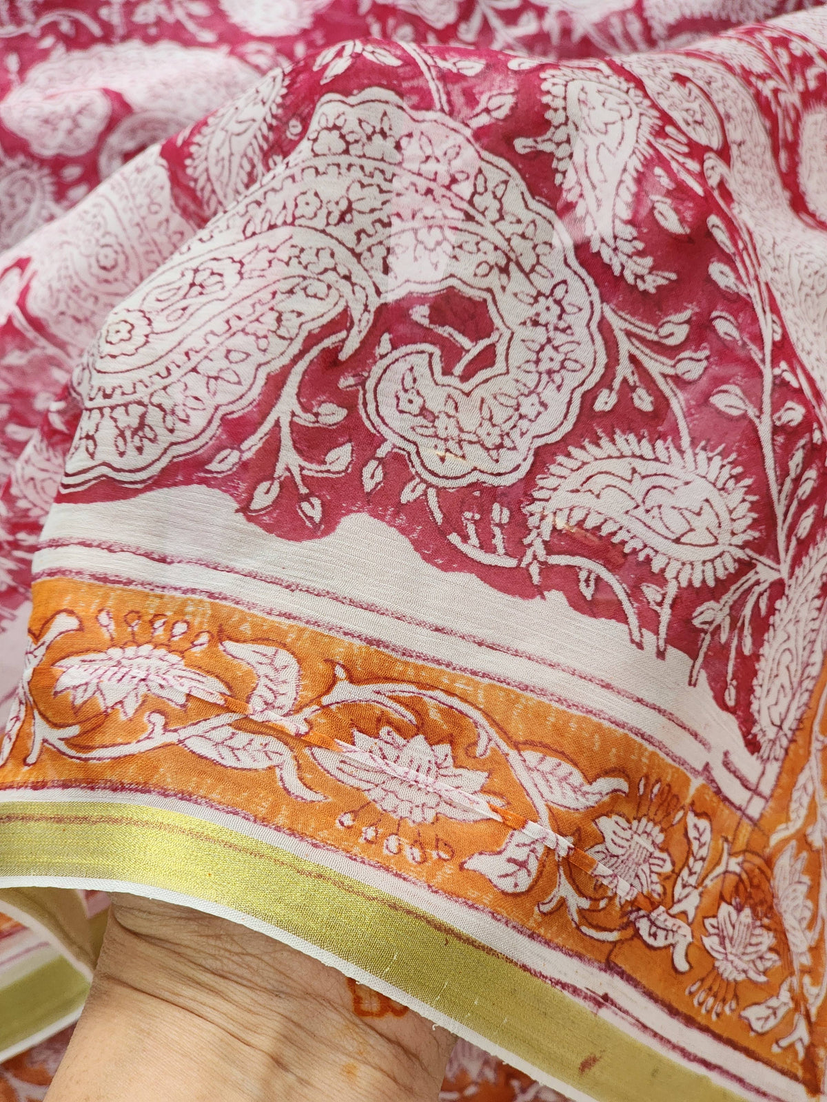 Pink Chiffon Handblock Saree