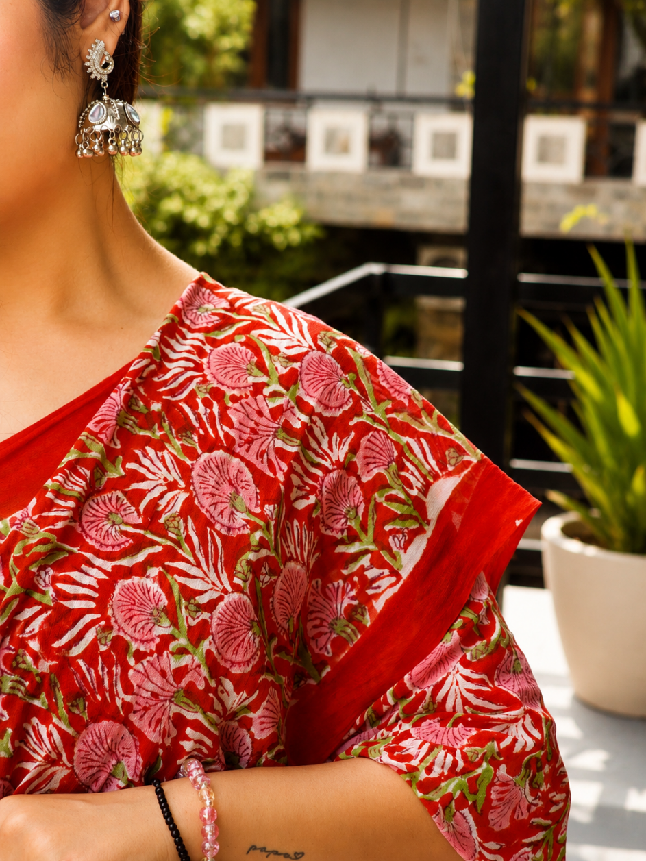 Red Georgette Handblock Saree