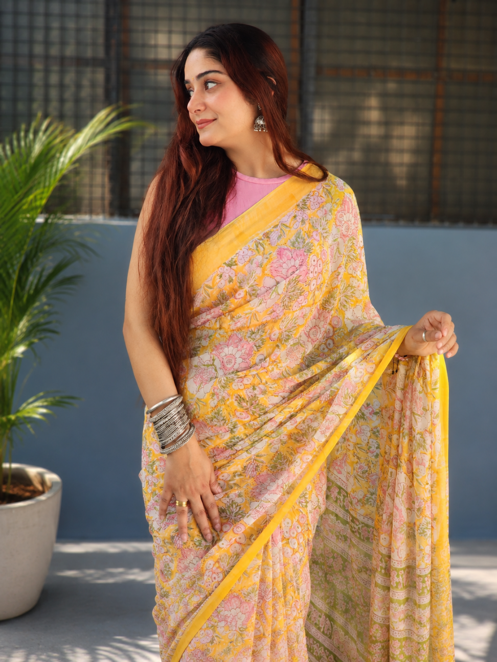 Yellow Georgette Handblock Saree
