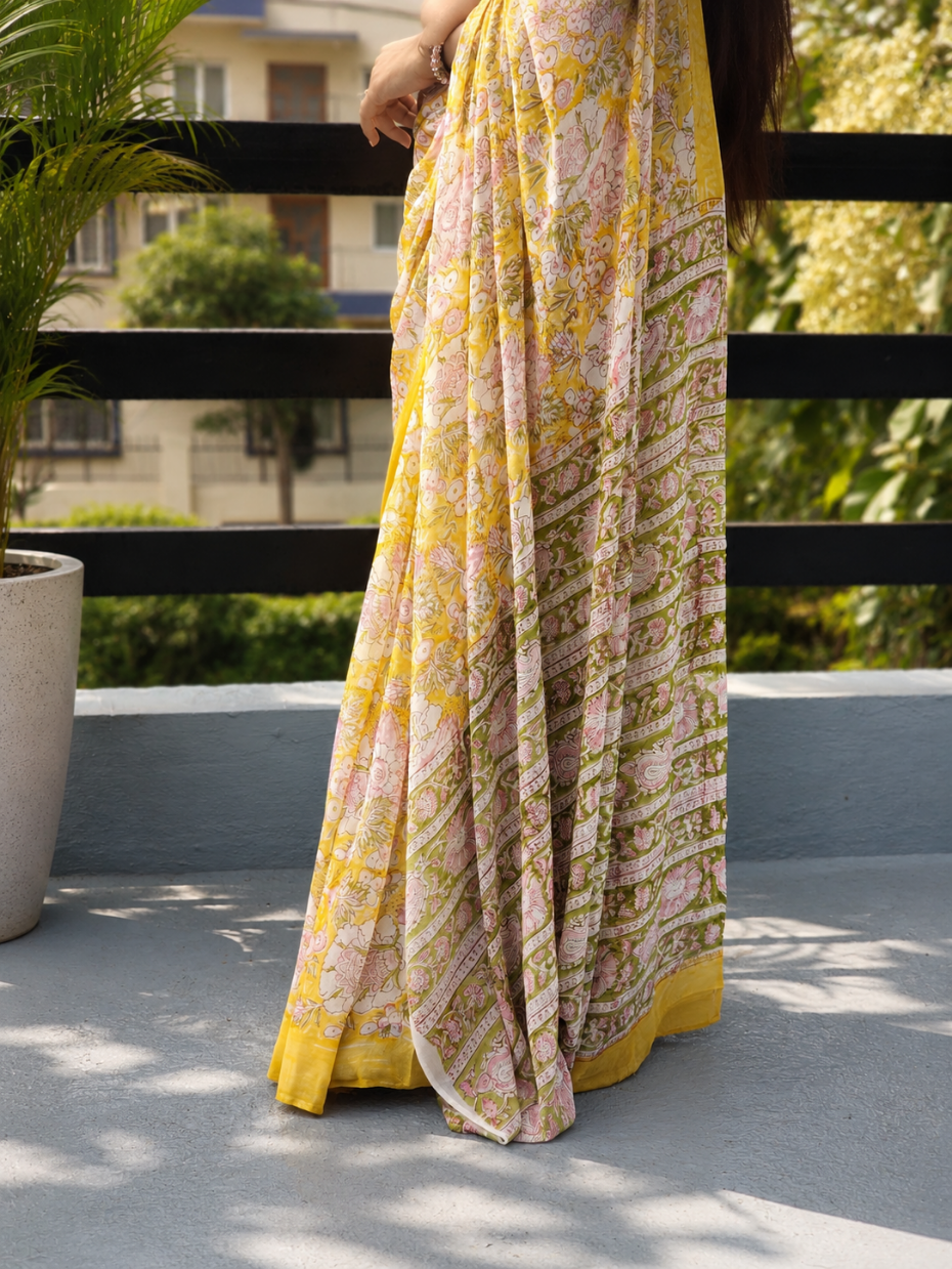 Yellow Georgette Handblock Saree