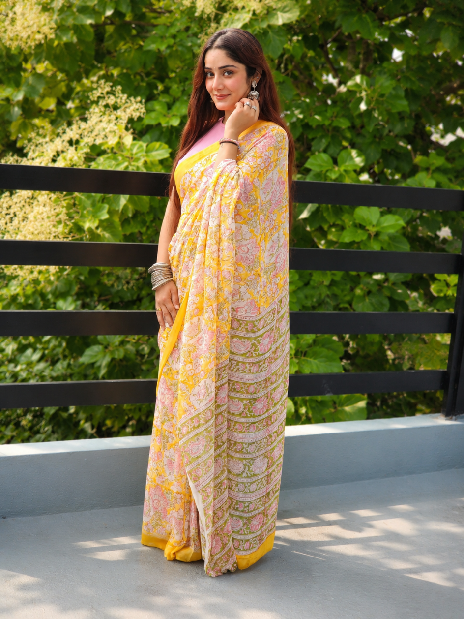 Yellow Georgette Handblock Saree