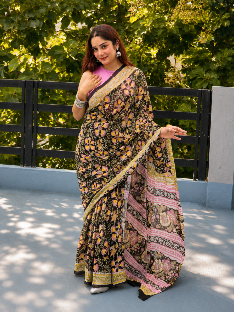 Black Georgette Handblock Saree