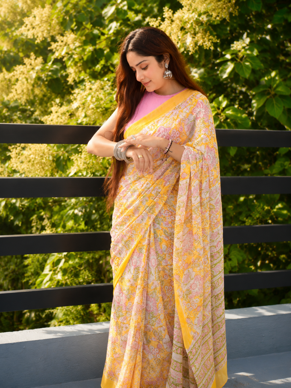 Yellow Georgette Handblock Saree