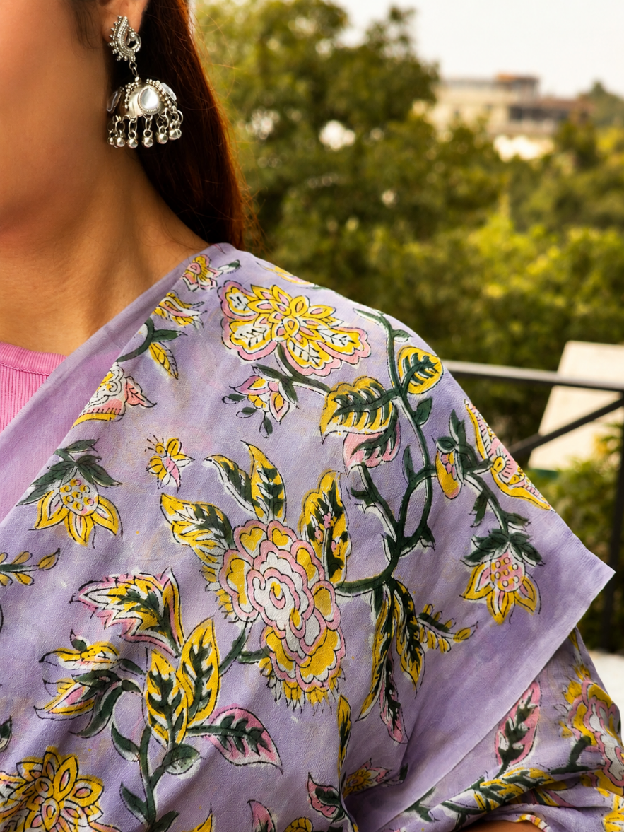 Purple Georgette Handblock Saree