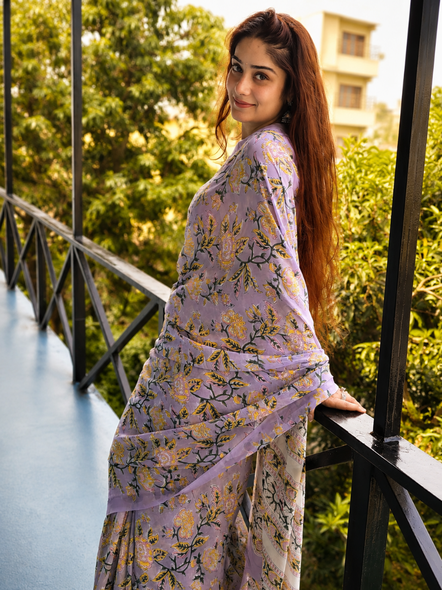 Purple Georgette Handblock Saree