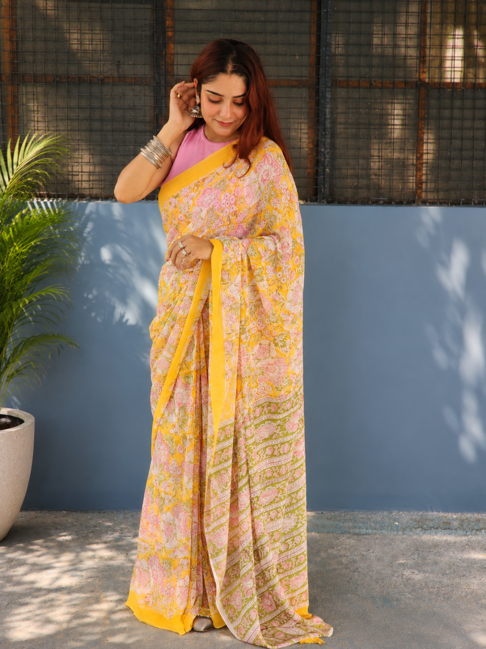 Yellow Georgette Handblock Saree
