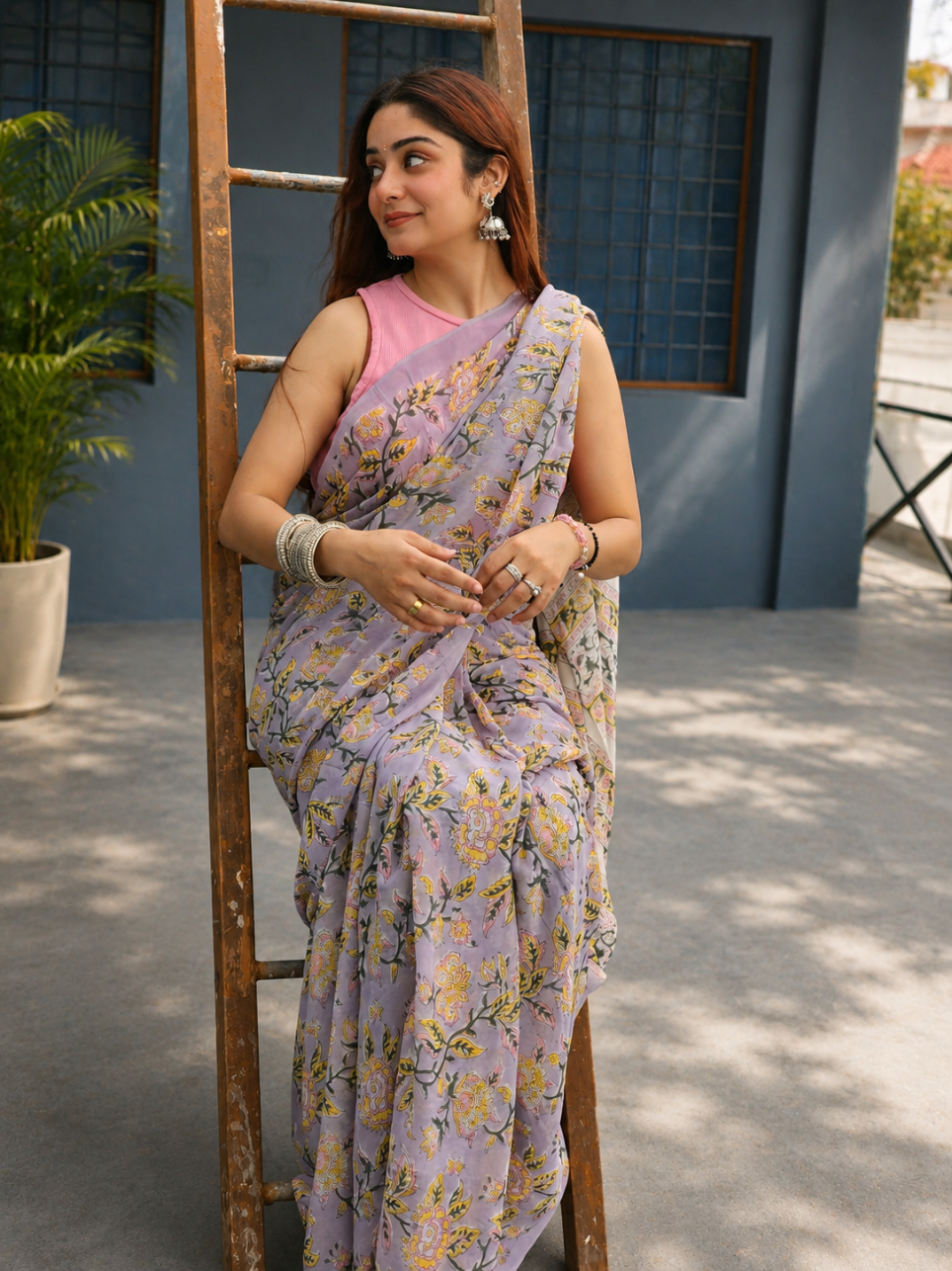 Purple Georgette Handblock Saree