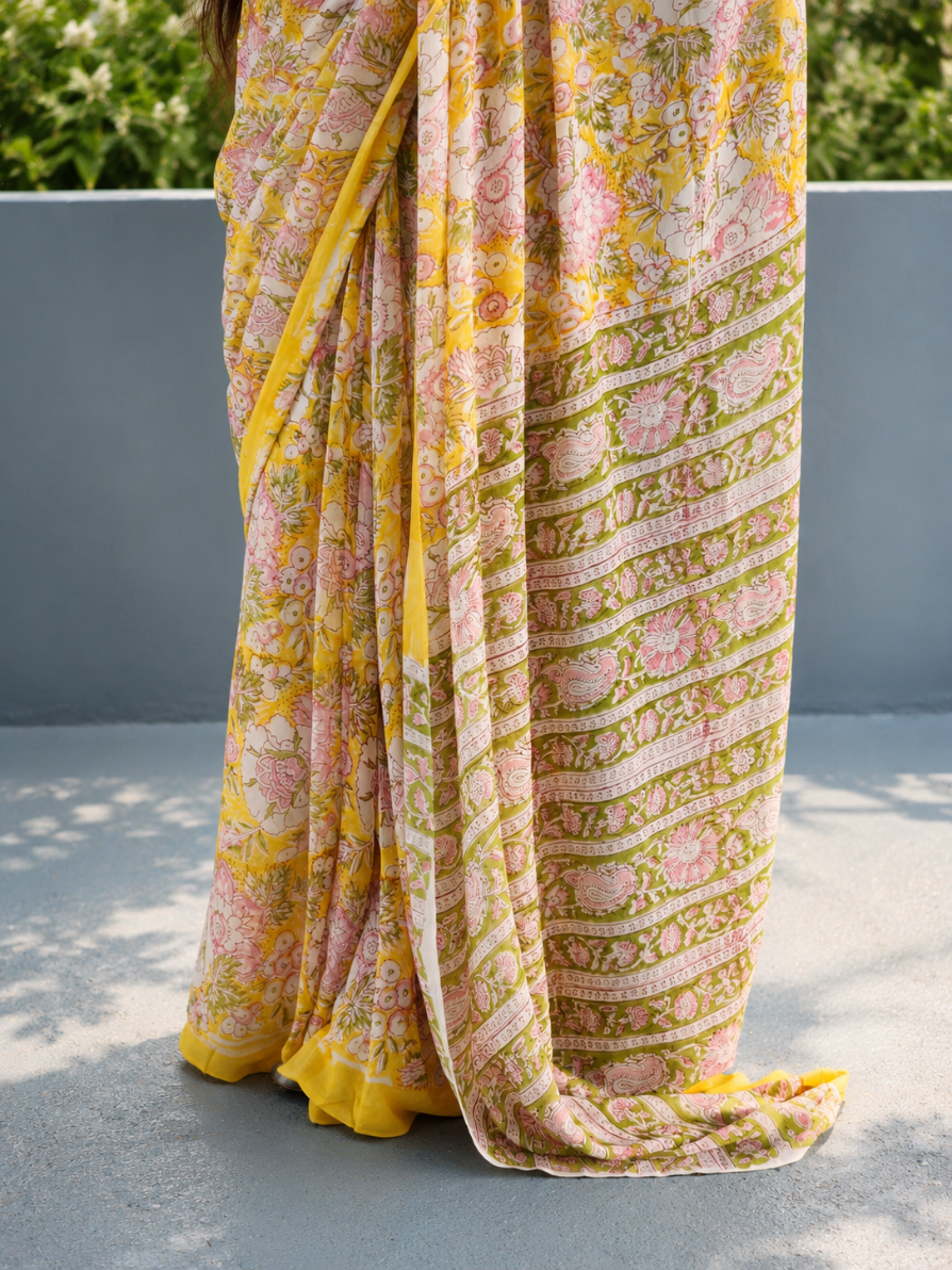 Yellow Georgette Handblock Saree