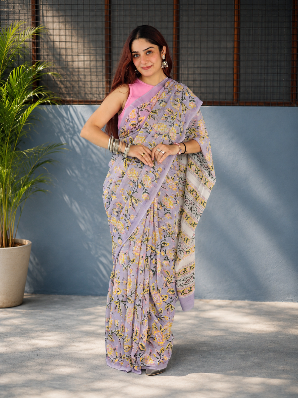 Purple Georgette Handblock Saree