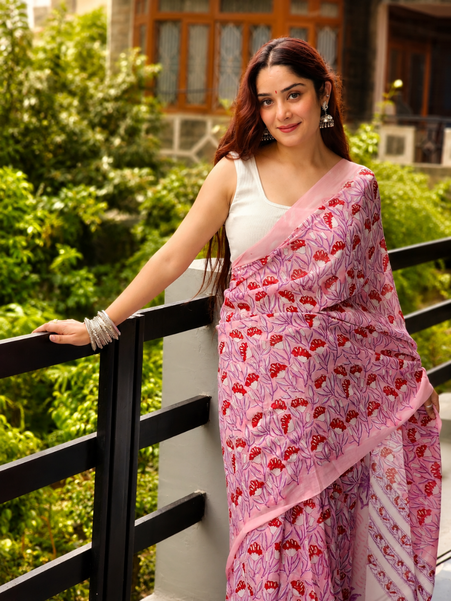 Pink Georgette Handblock Saree