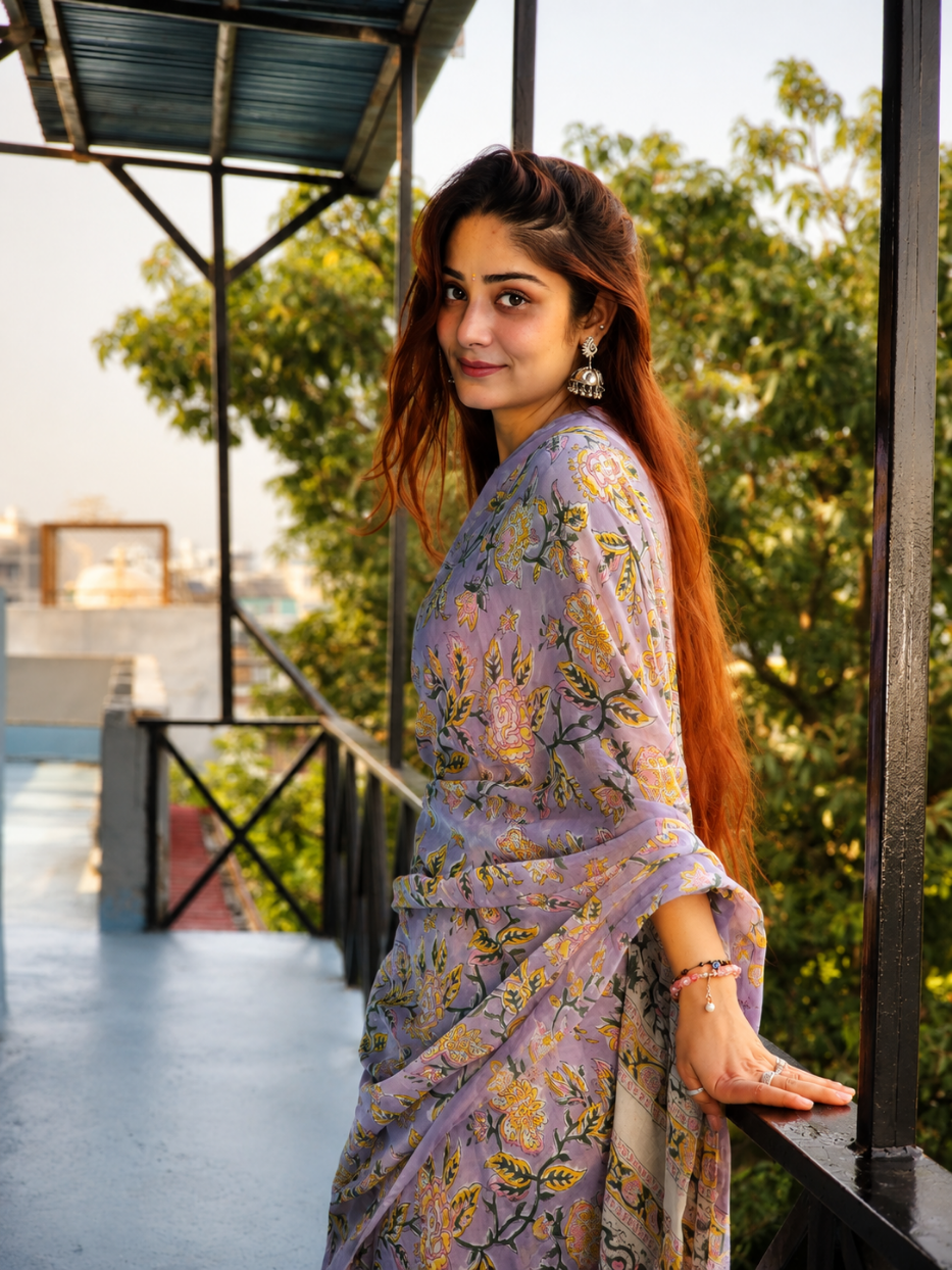 Purple Georgette Handblock Saree